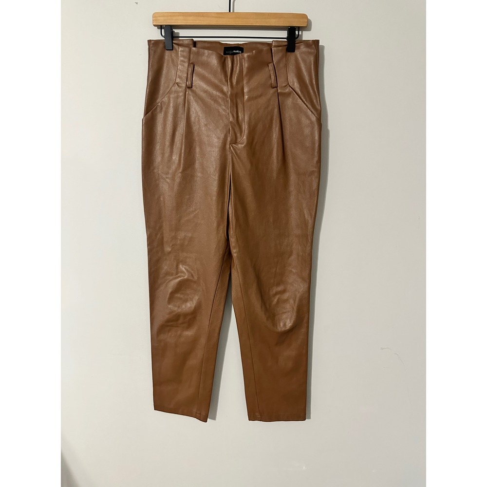 Lucy Paris Faux Leather Tailored Paper bag Trousers Camel Brown Pleated Size‎ M